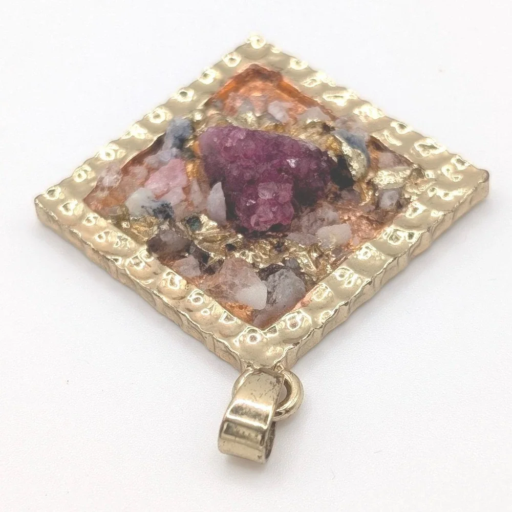 Gold Tone Square Raw Stone Cluster Pendant Magenta Quartz Bohemian Jewelry